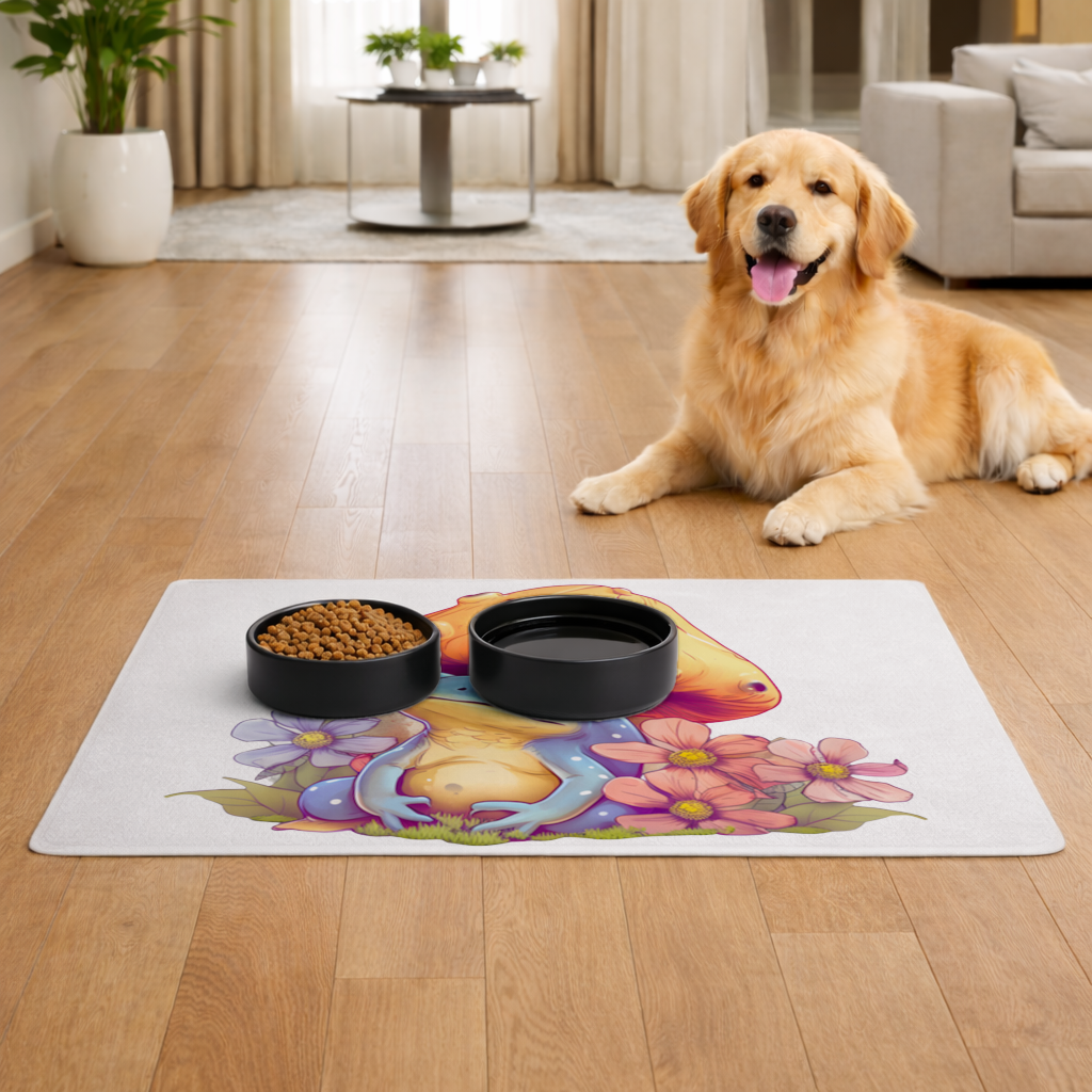Blue Frog Resting Under Orange Mushroom Pet Feeding Mat