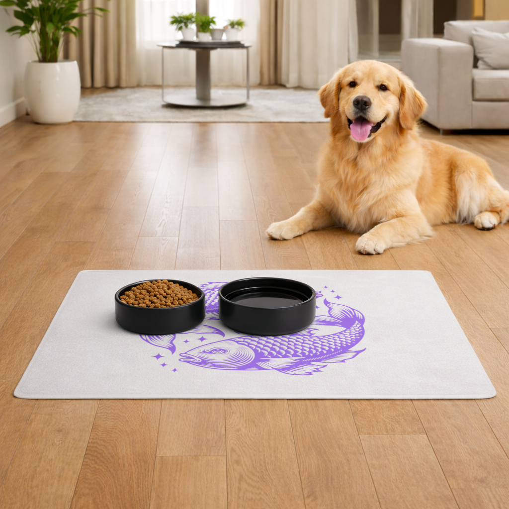 Pisces Zodiac Symbol with Purple Fish Art Pet Feeding Mat