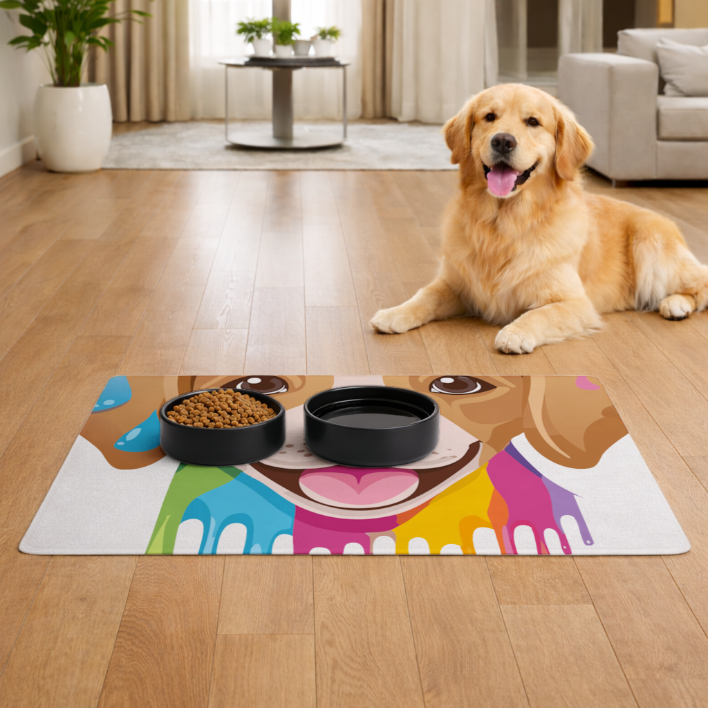 Happy Dog with Colorful Paint Drips Pet Feeding Mat
