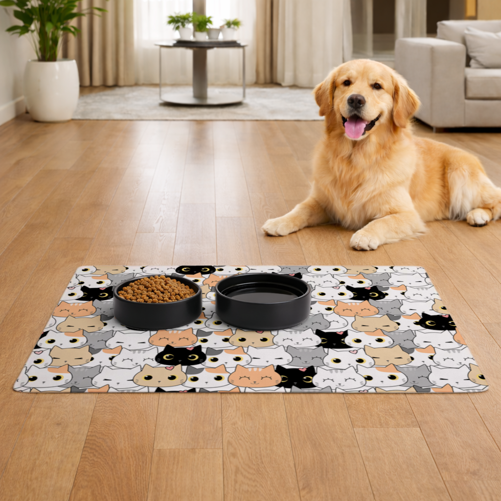 Renkli ve Sevimli Kedi Suratları Deseni Evcil Hayvan Besleme Matı