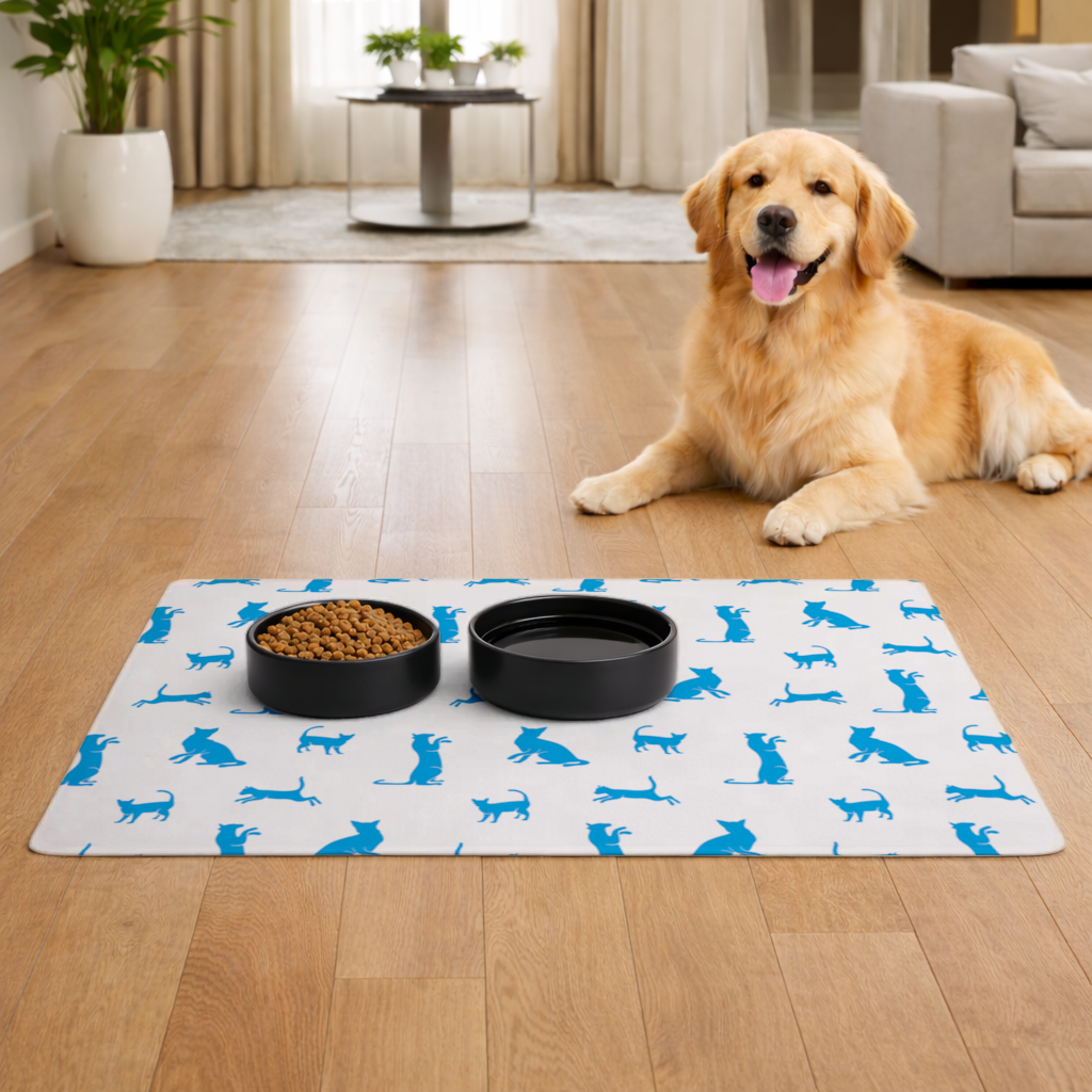 Blue Cat Silhouettes Seamless Pattern Pet Feeding Mat