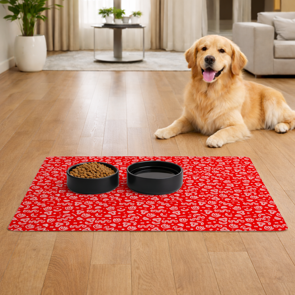 Red Abstract Doodle Pet Feeding Mat