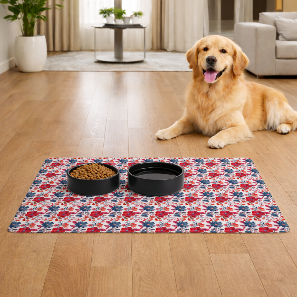 Watercolor Red Navy Floral Pet Feeding Mat