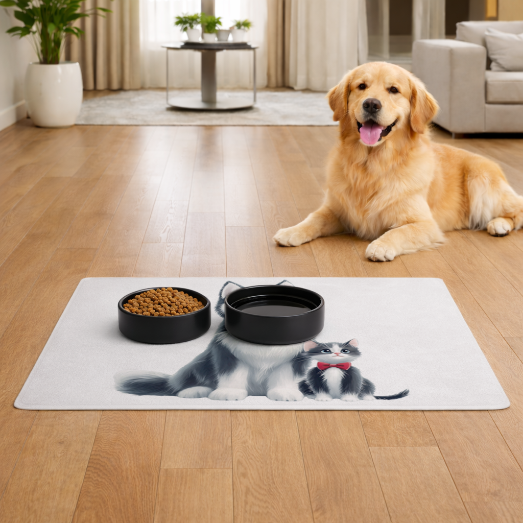 Cute Husky and Kitten with Red Bowties Pet Feeding Mat