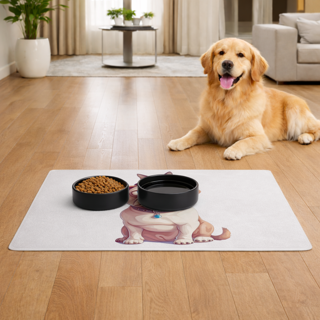 Sad Pug with Siamese Cat on Head Pet Feeding Mat
