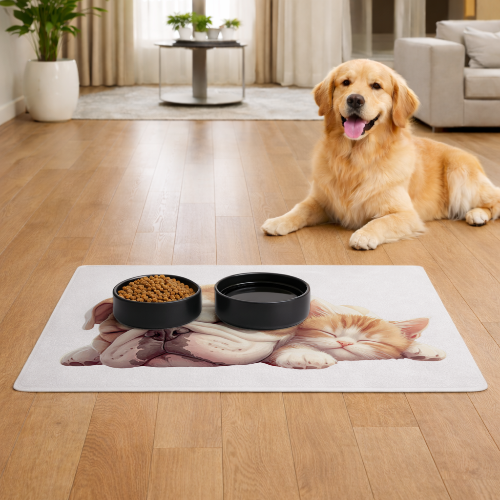 Sleeping Bulldog and Ginger Kitten Pet Feeding Mat