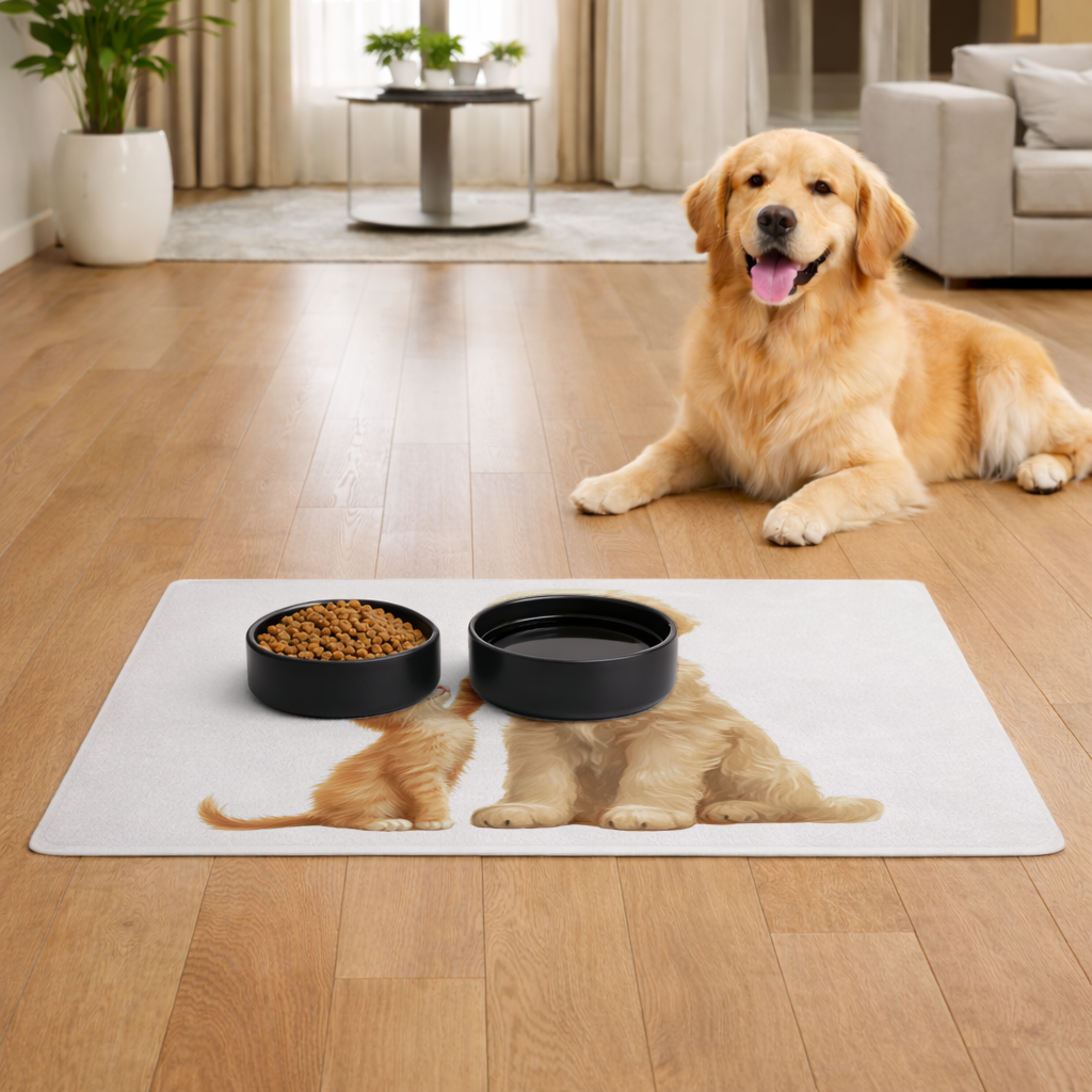 Golden Retriever and Ginger Kitten Pet Feeding Mat