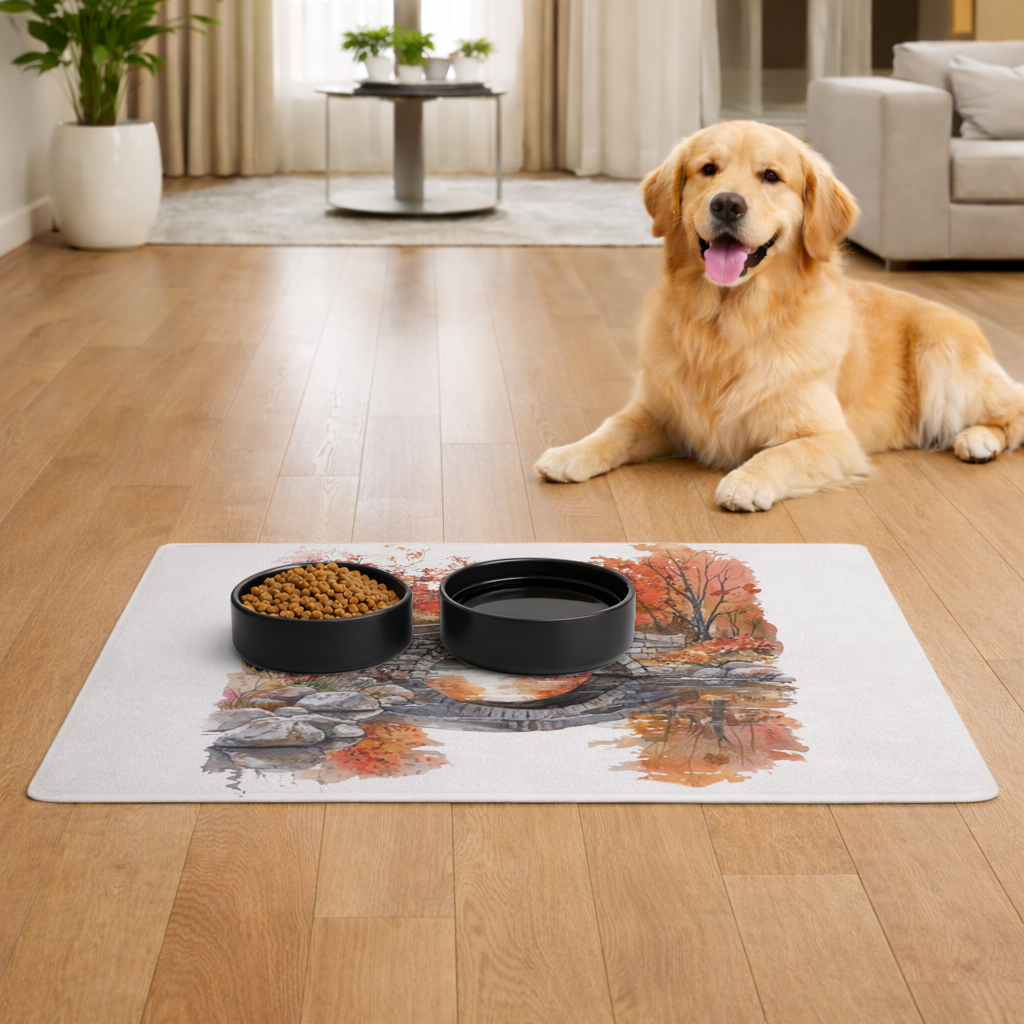 Autumn Stone Arch Bridge Over River Pet Feeding Mat