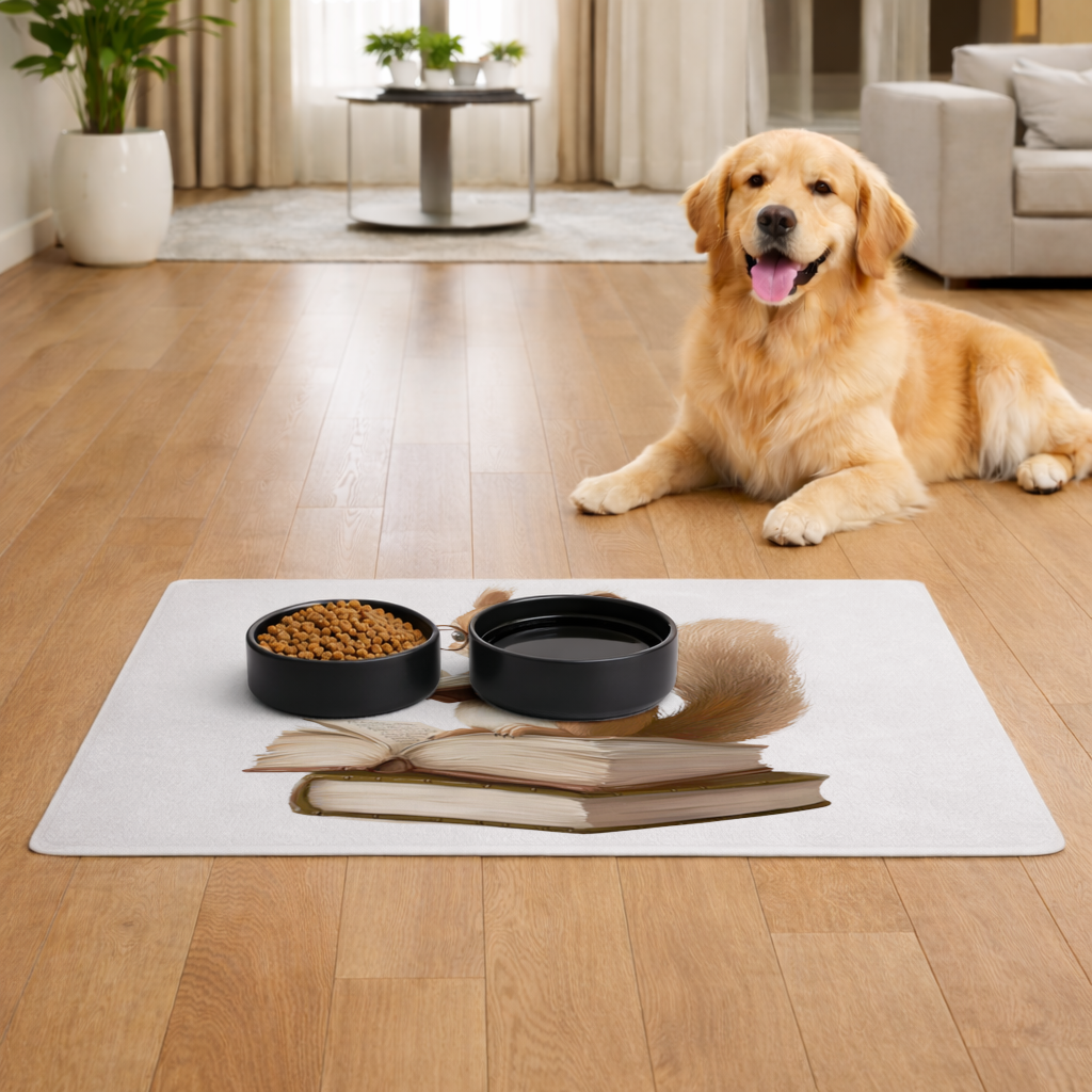 Scholarly Squirrel Reading on Book Stack Pet Feeding Mat
