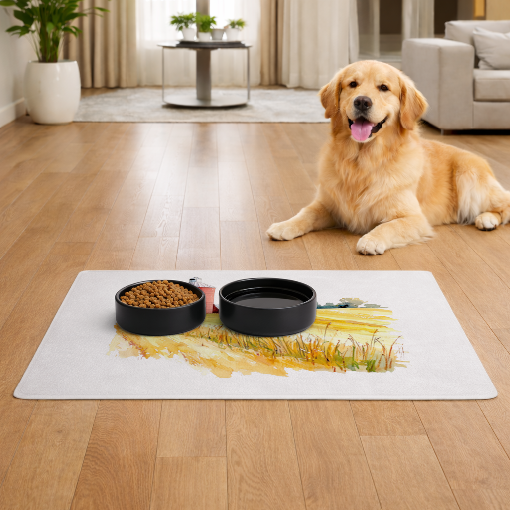 Red Farm Silo and Golden Wheat Field Pet Feeding Mat