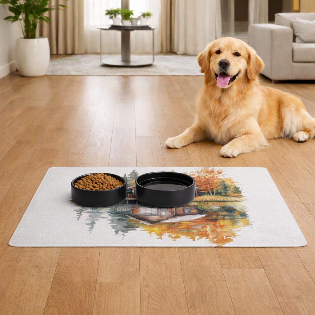 Lakeside Log Cabin Autumn Landscape Pet Feeding Mat