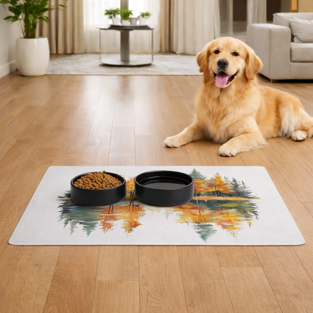 Autumn Forest Lake Reflection Pet Feeding Mat