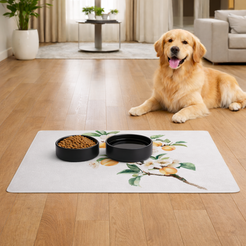 Watercolor Apricot Blossom Branch Pet Feeding Mat