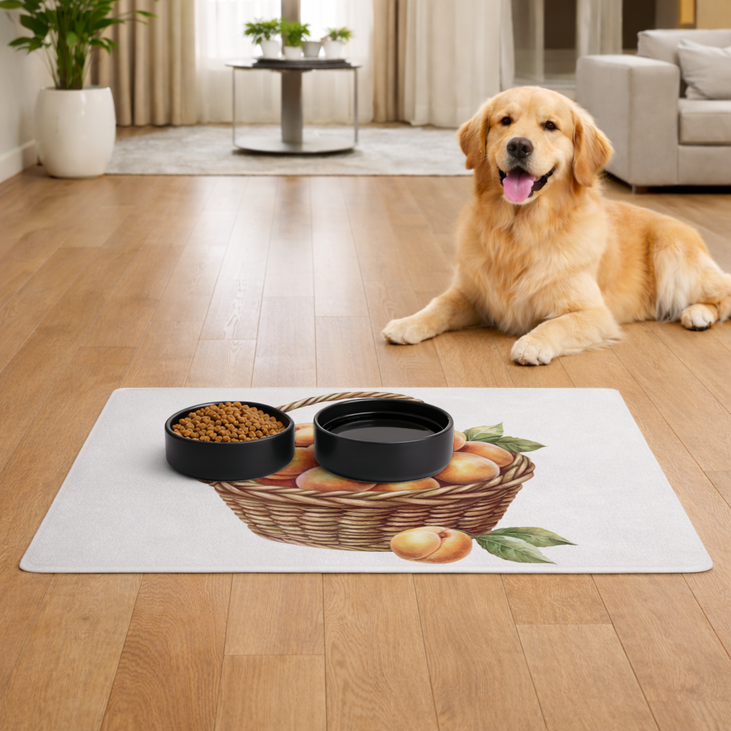 Fresh Peaches in Wicker Basket Pet Feeding Mat
