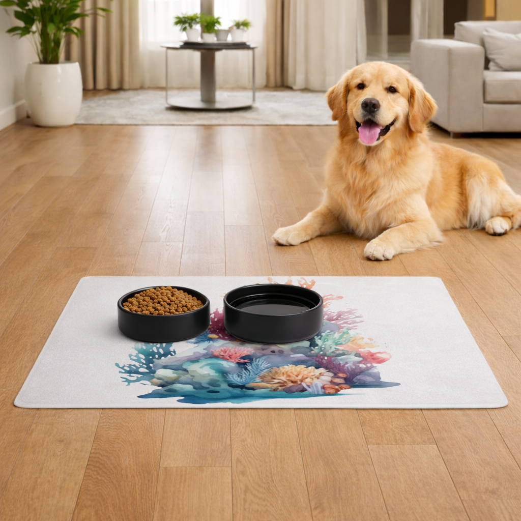 Vibrant Watercolor Coral Reef Scene Pet Feeding Mat