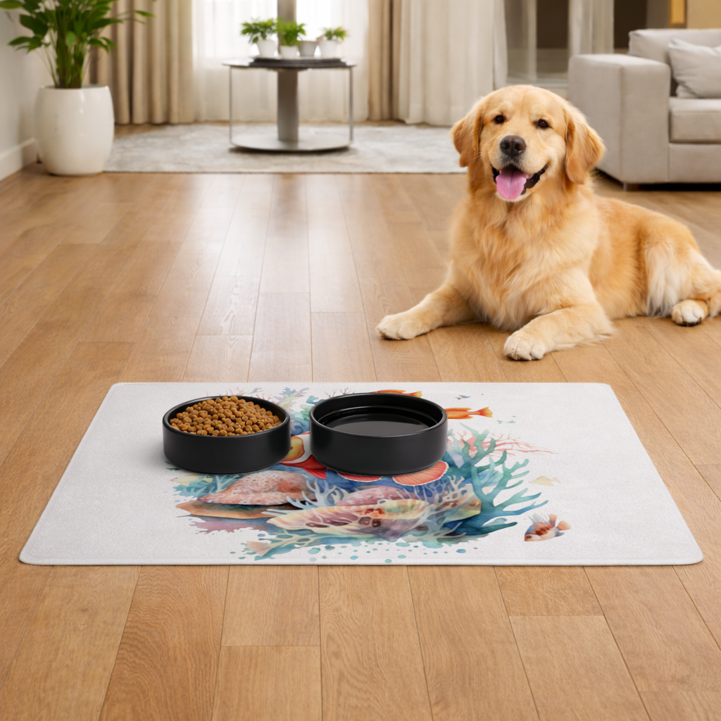 Watercolor Clownfish and Tropical Coral Reef Pet Feeding Mat