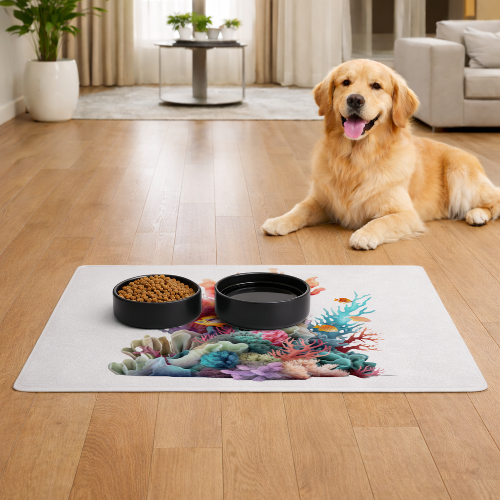 Vibrant Coral Reef and Tropical Fish Pet Feeding Mat