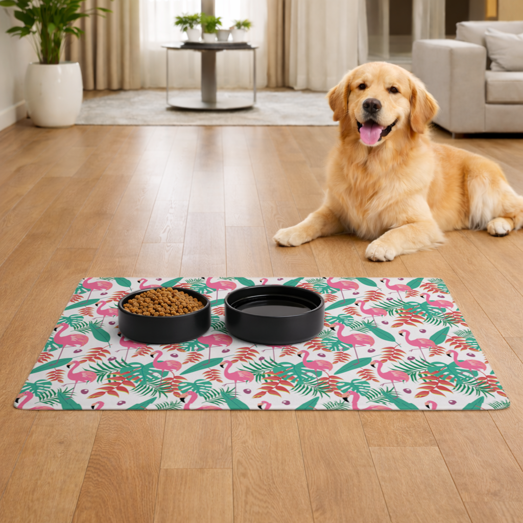 Pink Flamingo Tropical Leaves Pet Feeding Mat