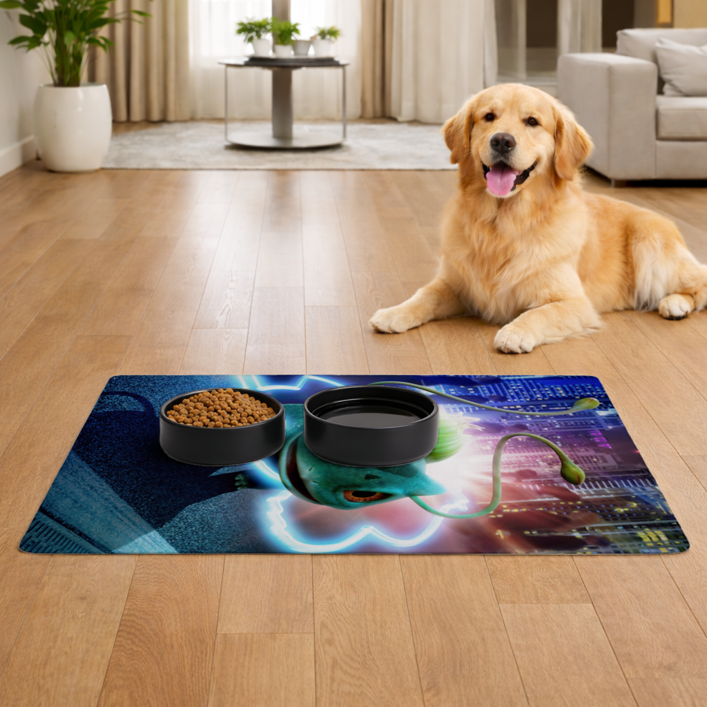 Glowing Neon Creature in Night City Pet Feeding Mat