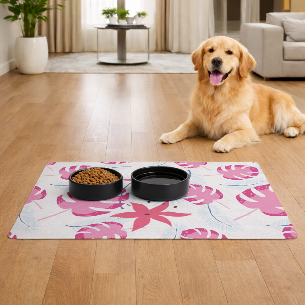Pink Monstera and Tropical Lily Pet Feeding Mat