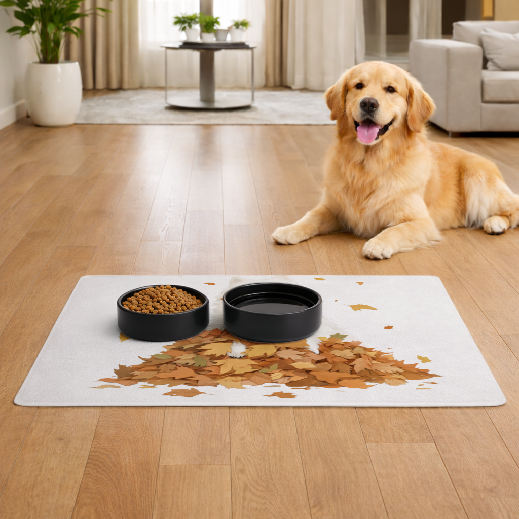 Mutlu Beyaz Köpek ve Sonbahar Yaprakları Evcil Hayvan Besleme Matı