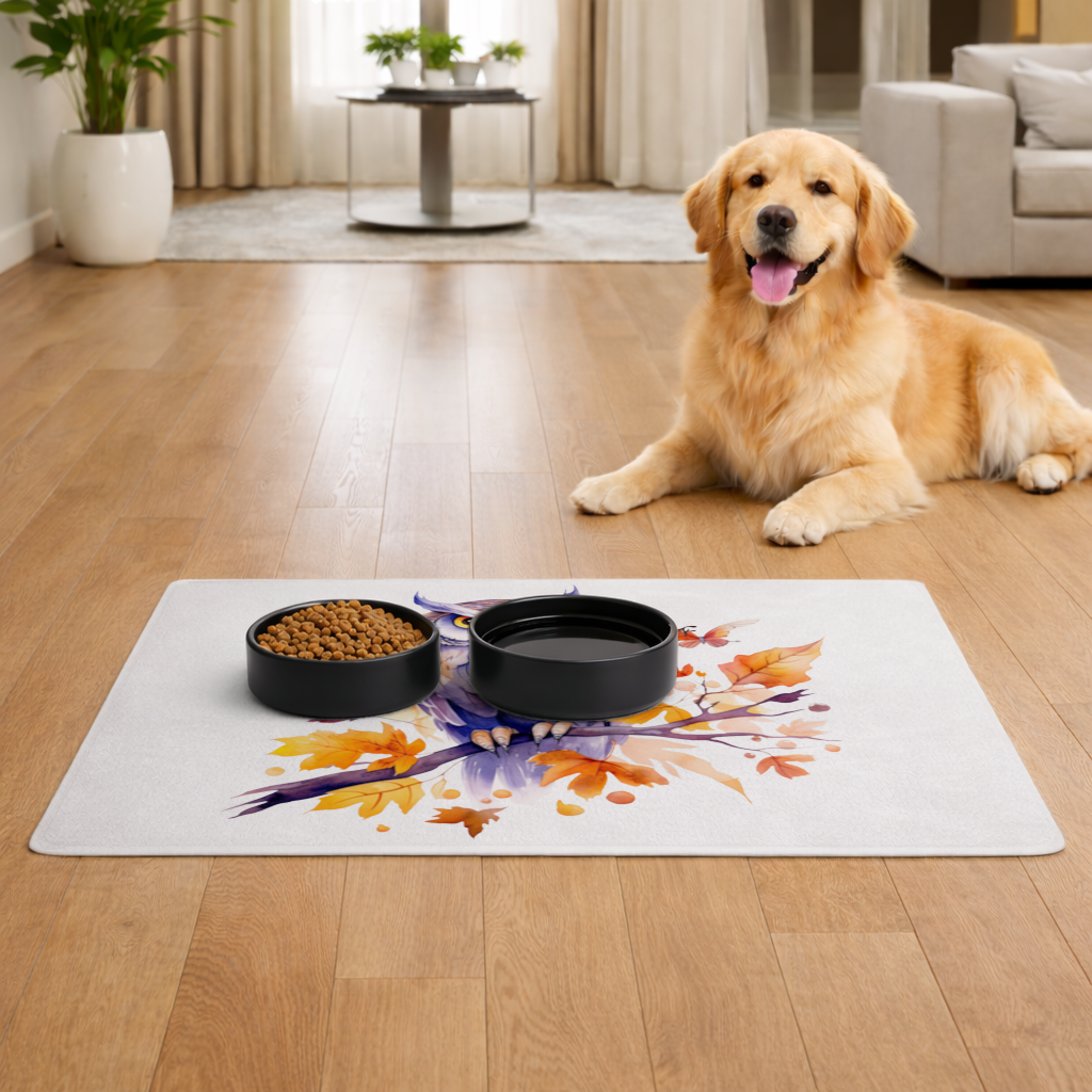 Whimsical Autumn Owl and Butterfly Pet Feeding Mat