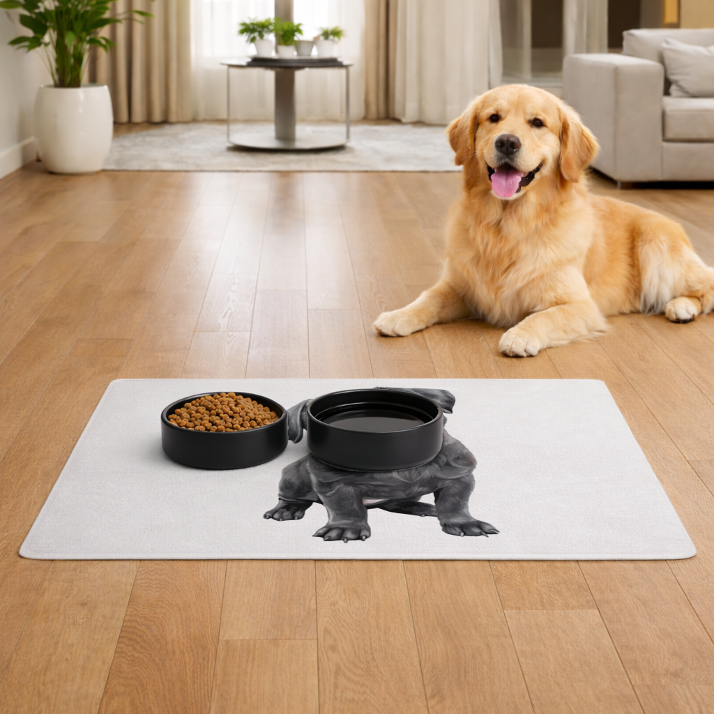 Masum Bakışlı Siyah Pug Yavrusu Evcil Hayvan Besleme Matı