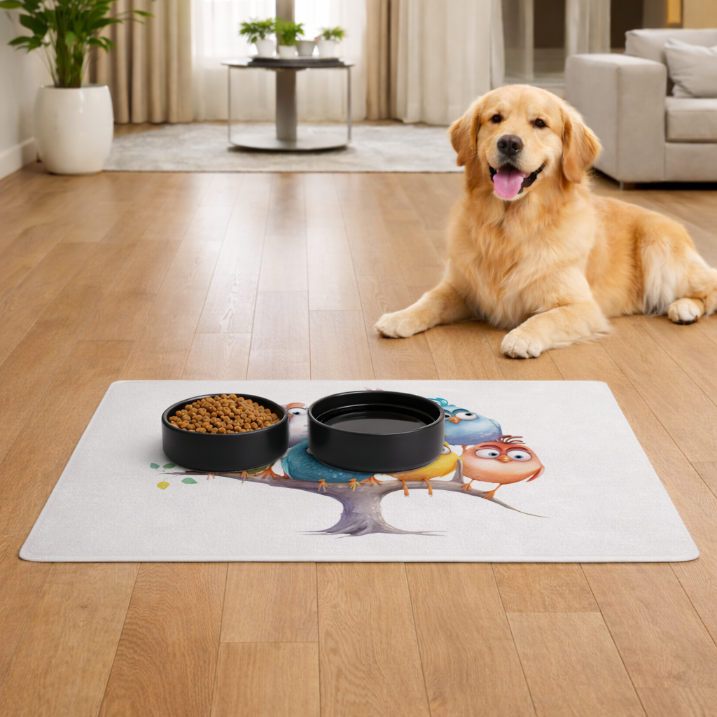 Whimsical Colorful Birds on Branch Pet Feeding Mat