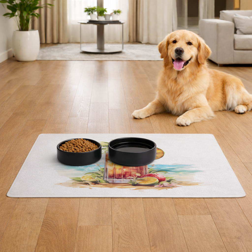 Tropical Island Beach Cocktail with Fruit Pet Feeding Mat