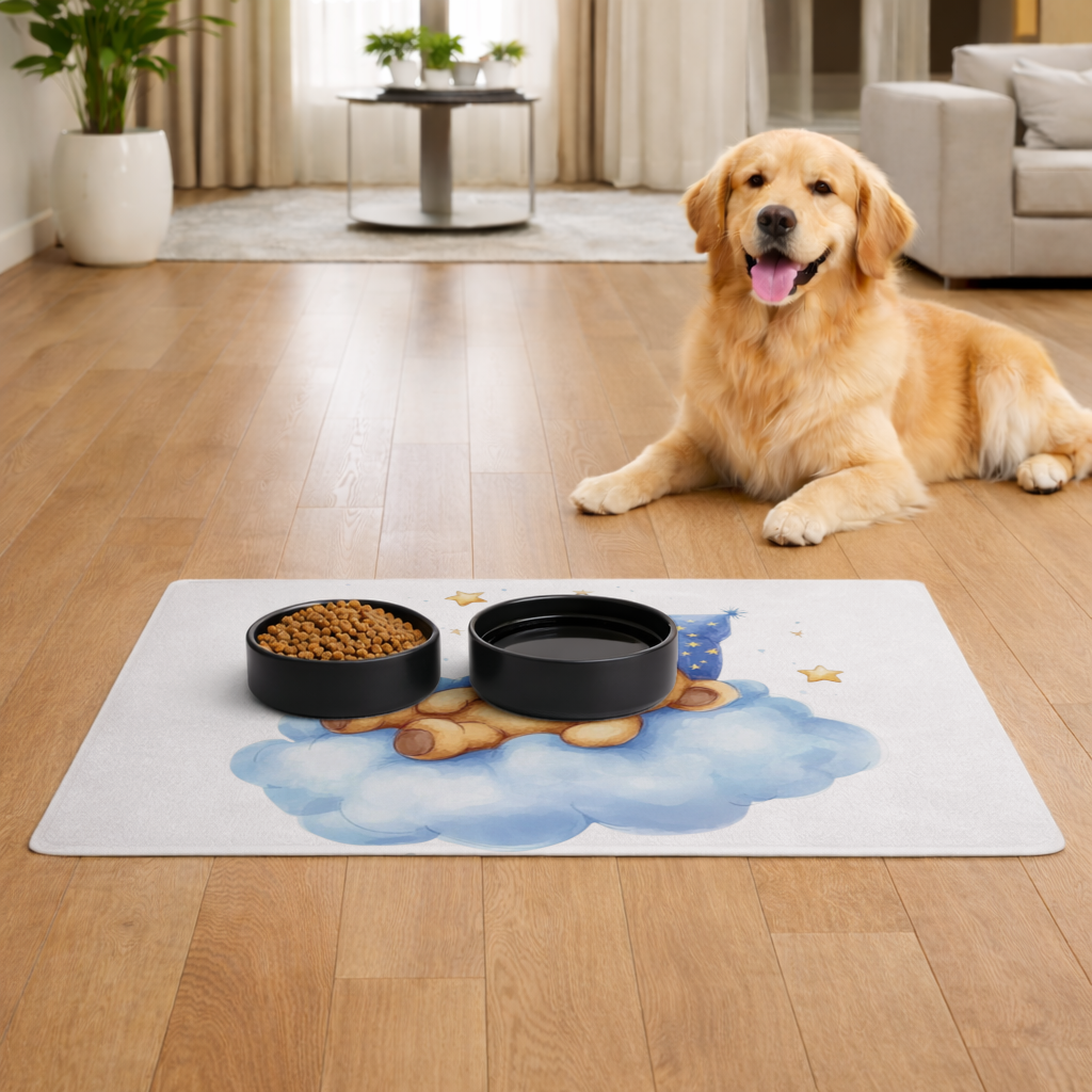 Sleeping Teddy Bear on a Cloud Pet Feeding Mat