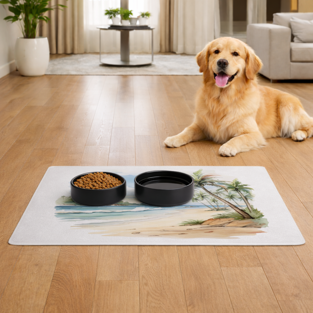 Tropical Palm Tree Beach Pet Feeding Mat