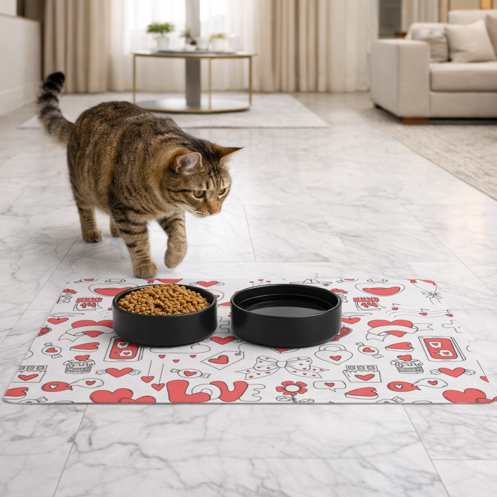 14 Şubat Doodle Aşk Temalı Kalp Desenli Sevgililer Günü Tasarımı Evcil Hayvan Besleme Matı