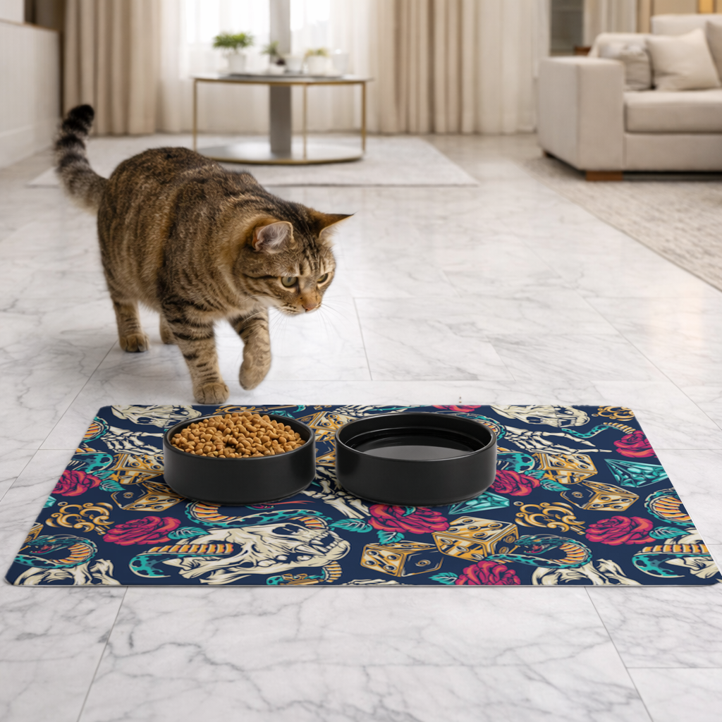 Skull Snake Dice and Roses Pattern Pet Feeding Mat