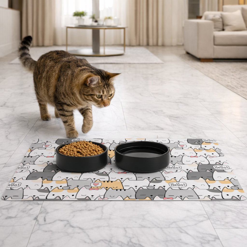 Cute Cartoon Cats Pattern with Speech Bubbles Pet Feeding Mat