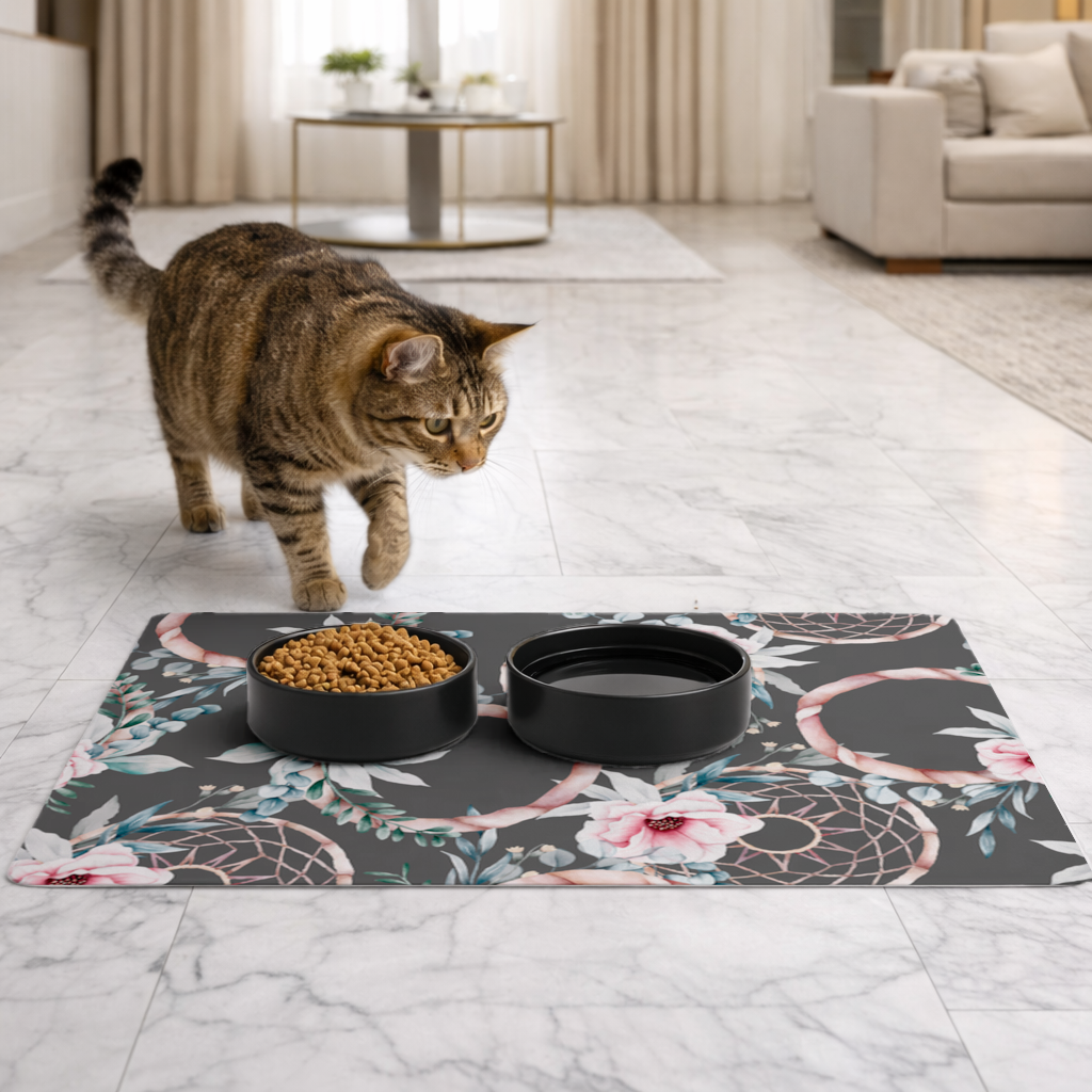 Boho Floral Dreamcatcher Pattern Pet Feeding Mat