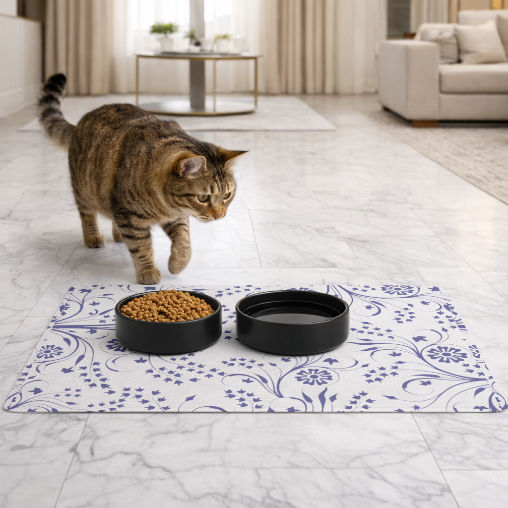 Blue White Vintage Floral Pattern Pet Feeding Mat