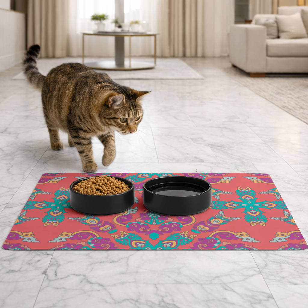 Vibrant Red Oriental Mandala Pattern Pet Feeding Mat