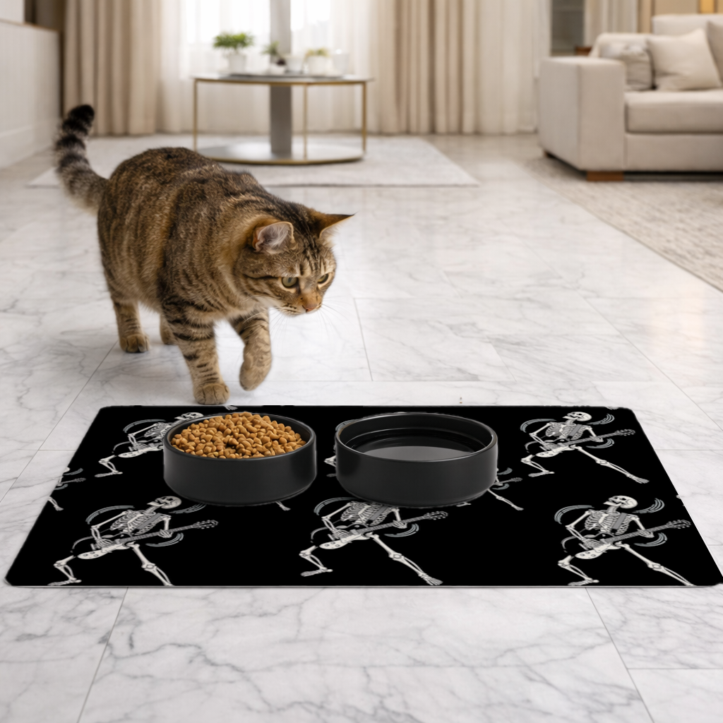 Rock Guitar Playing Skeleton Pattern on Black Pet Feeding Mat
