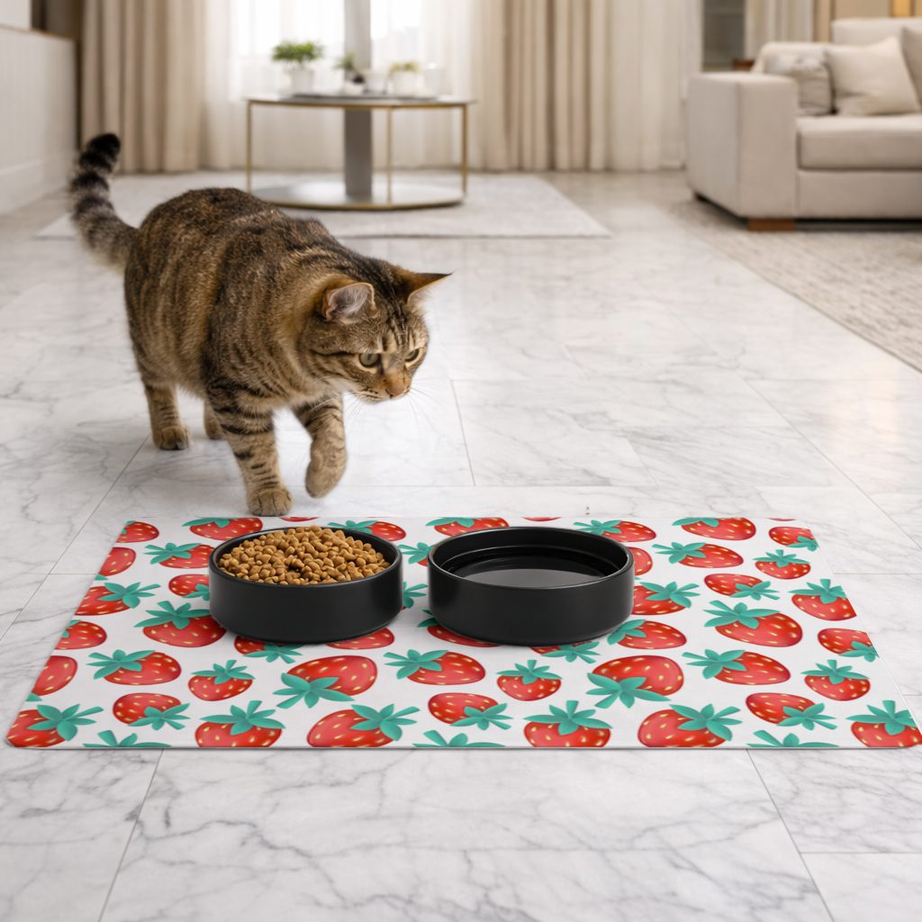 Vibrant Red Strawberry Summer Pattern Pet Feeding Mat