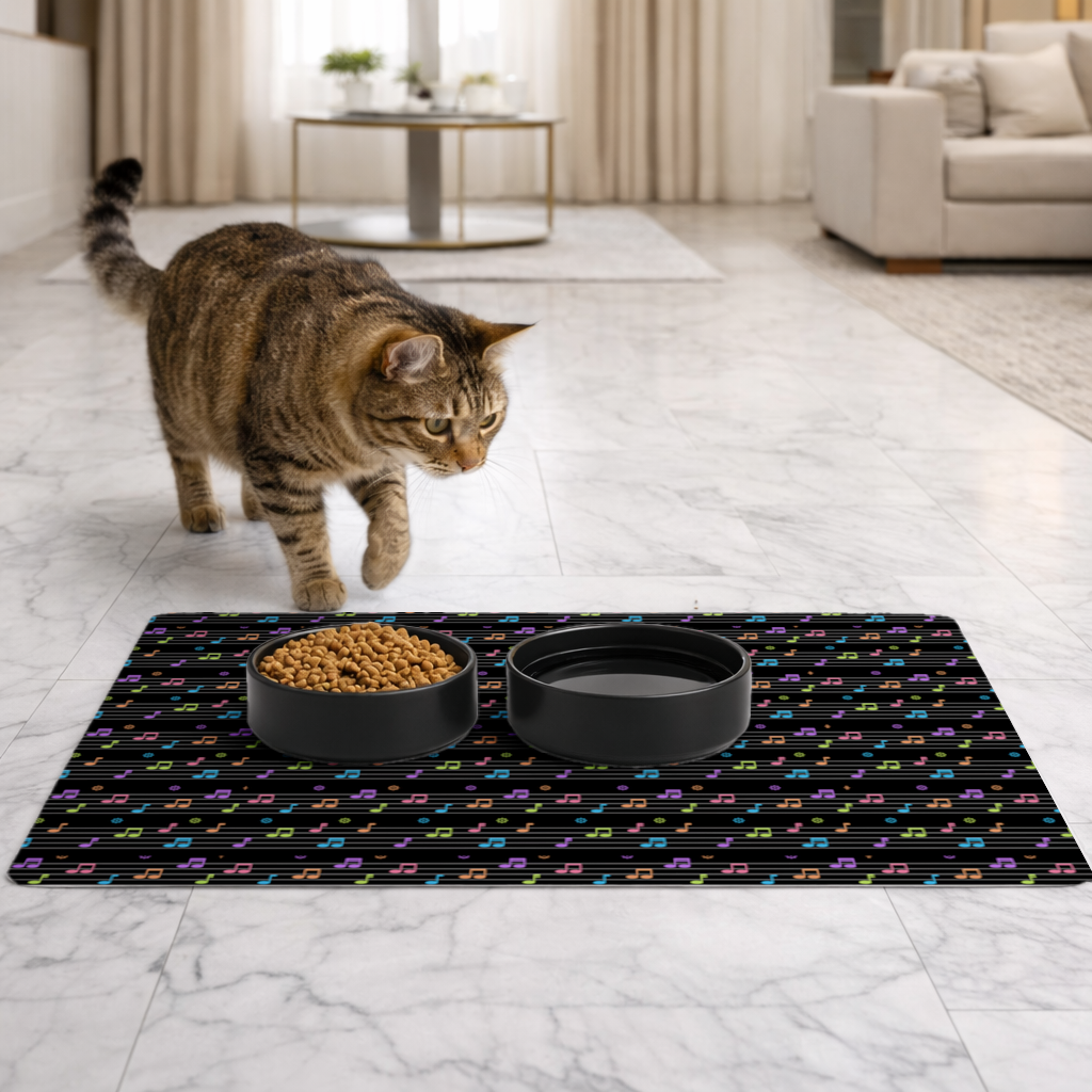 Vibrant Neon Music Notes and Rhythm Seamless Pattern Pet Feeding Mat
