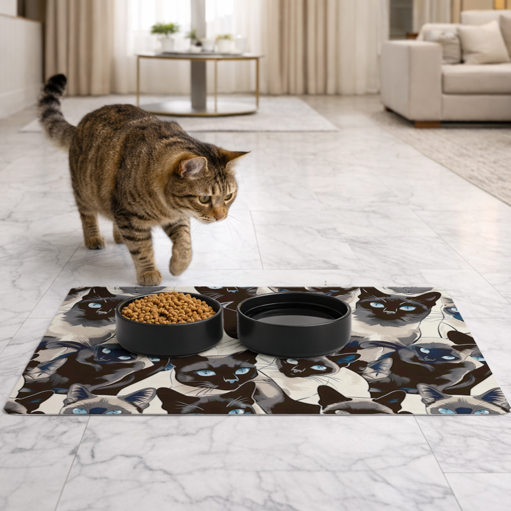 Blue Eyed Siamese Cat Elegant Illustration Pattern Pet Feeding Mat