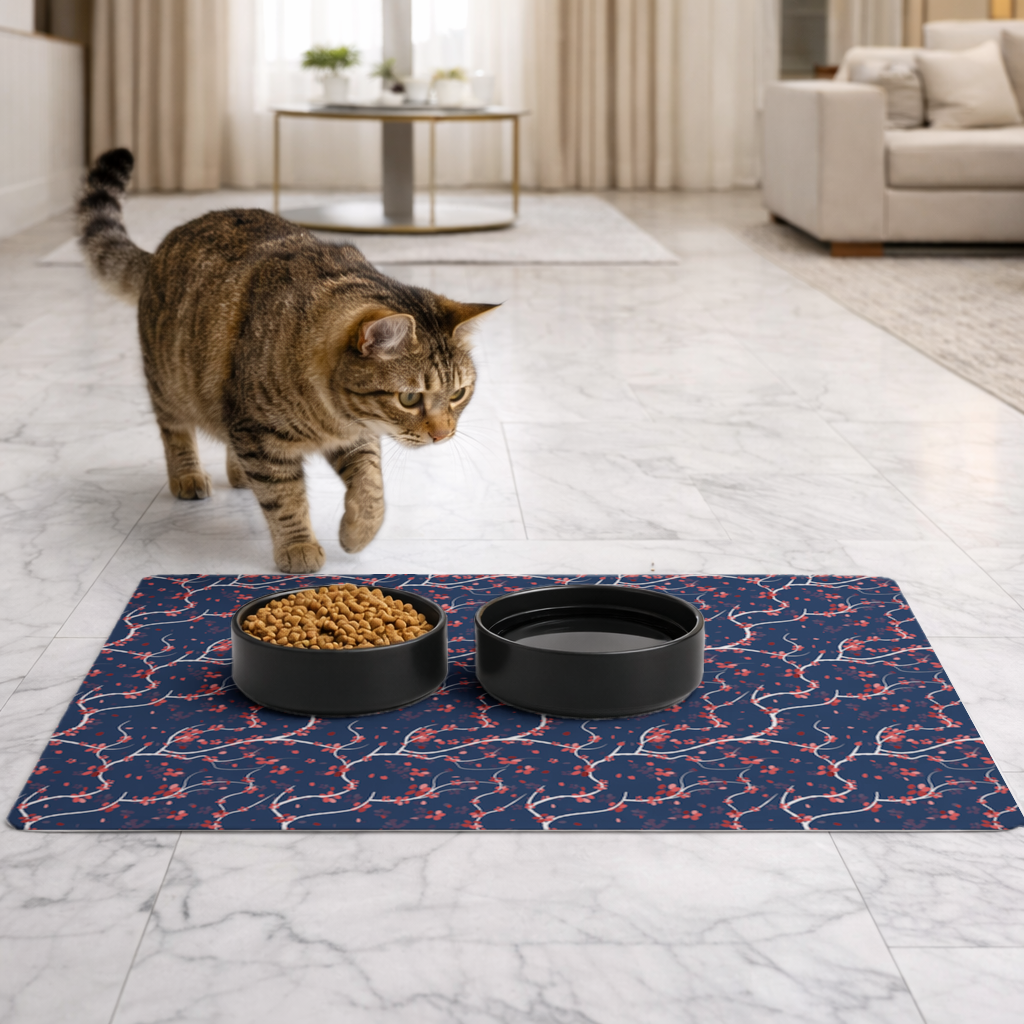 Red Floral Branch Pattern on Navy Background 