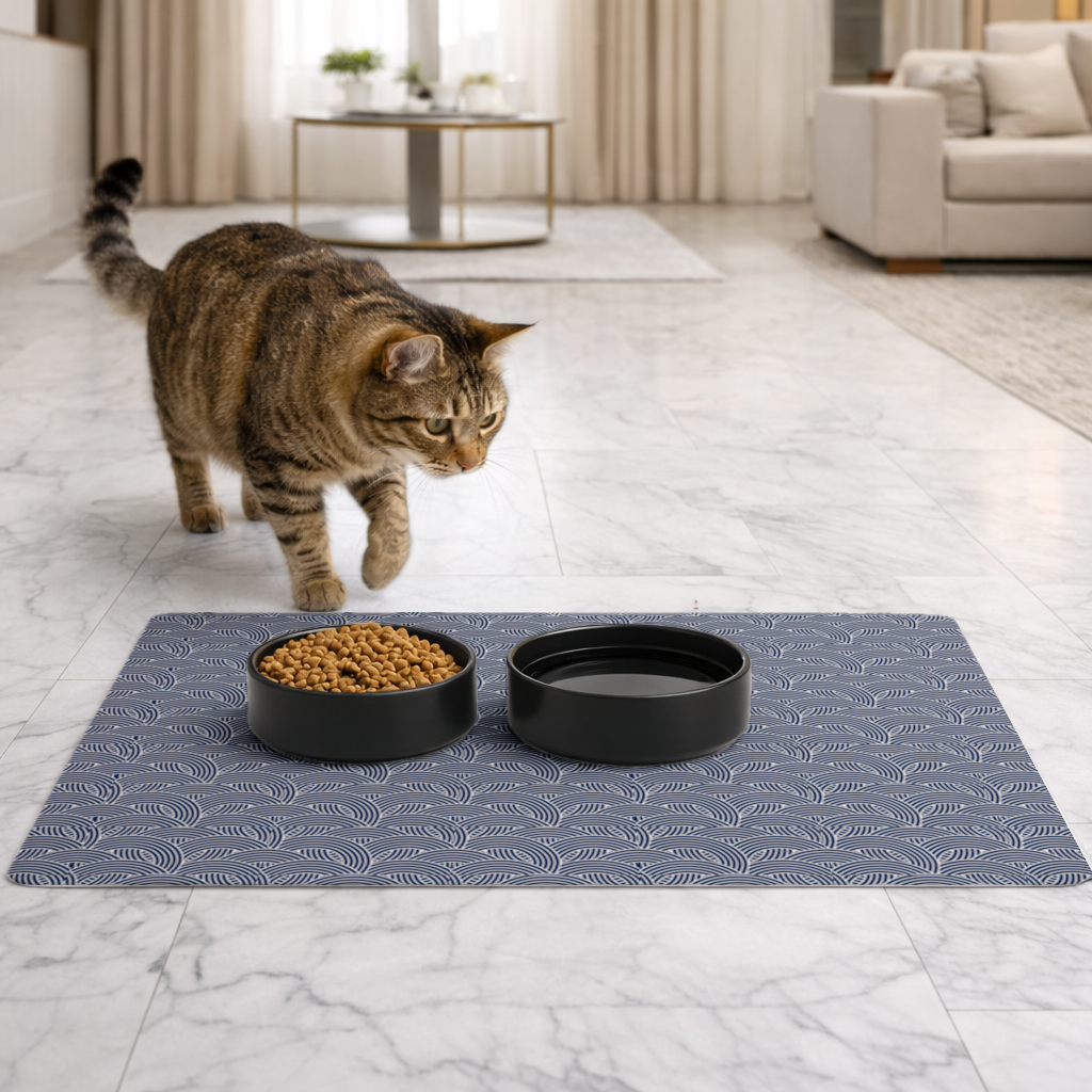 Navy and White Semi Circle Geometric Pattern Pet Feeding Mat