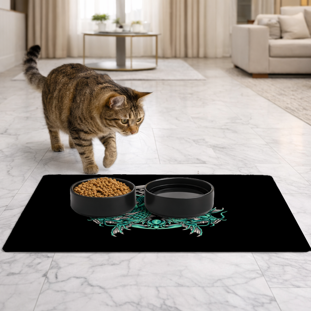 Turquoise Twin Dragon Emblem Design Pet Feeding Mat
