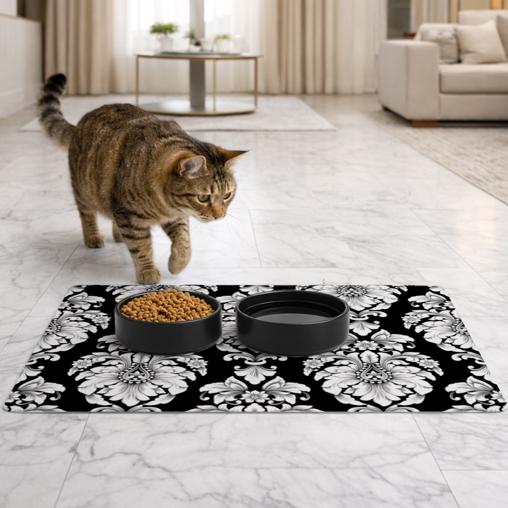 Black and White Baroque Floral Pattern Pet Feeding Mat
