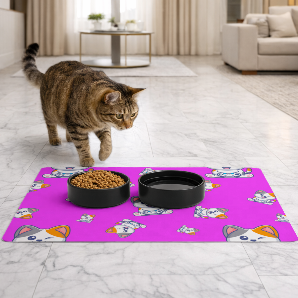 Cute Cartoon Cat Pattern on Pink Background Pet Feeding Mat
