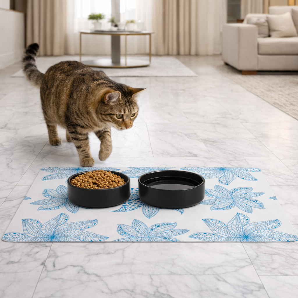 Blue Mandala Floral and Leaf Zentangle Pattern Pet Feeding Mat