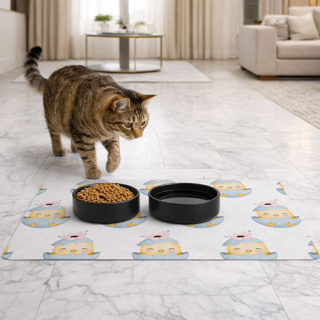 Çiçekli Şapkalı Sevimli Civciv İllüstrasyonu Evcil Hayvan Besleme Matı