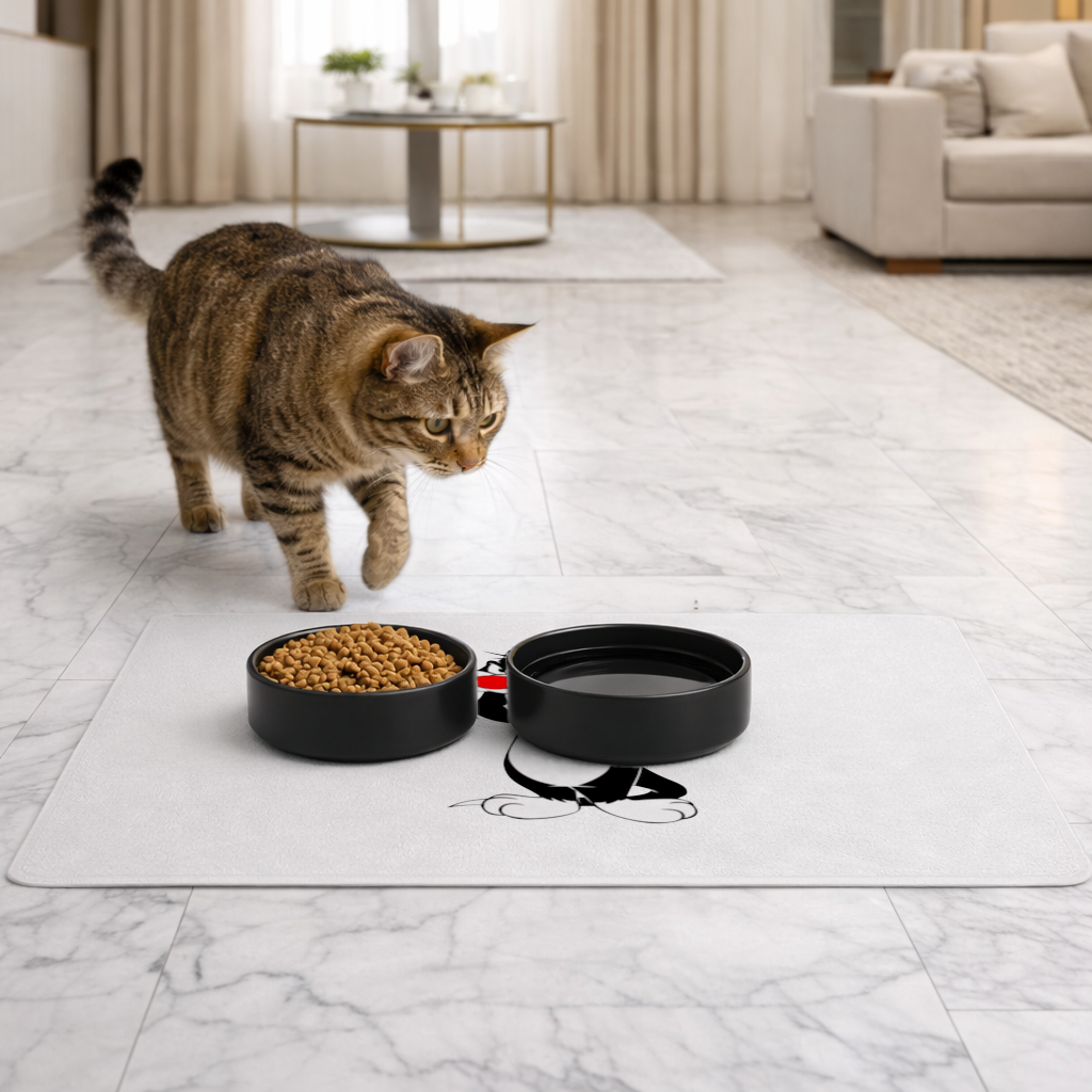 Funny Cartoon Cat Illustration Pet Feeding Mat
