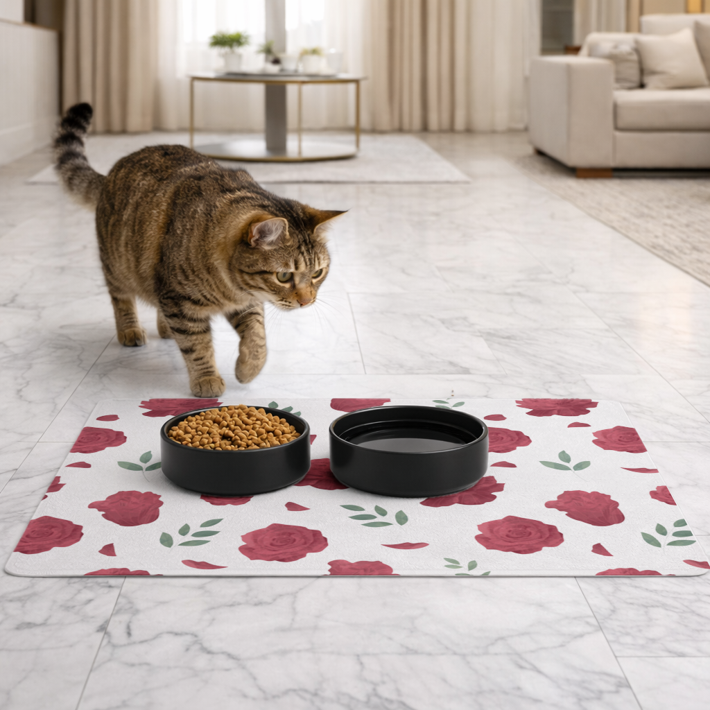 Red Rose and Leaf Romantic Seamless Pattern Pet Feeding Mat